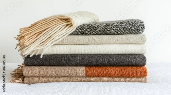Fototapeta Stack of folded blankets in various colors and textured patterns