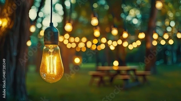 Fototapeta Brightly lit illuminated bulbs creating a warm and inviting atmosphere outdoors