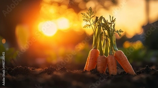 Fototapeta Freshly harvested carrots standing upright in the garden soil