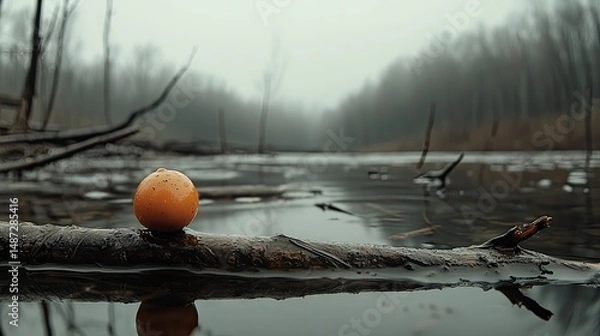 Fototapeta An orange sphere rests on a branch above still tranquil water