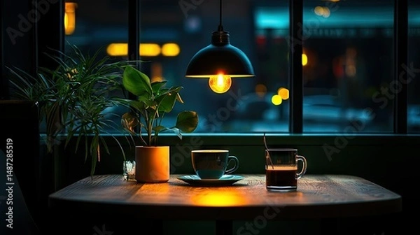 Fototapeta An illuminated table with coffee and plants at nighttime in a cafe