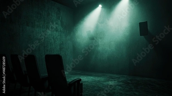 Fototapeta A dimly lit theater with chairs and suspended speakers on walls