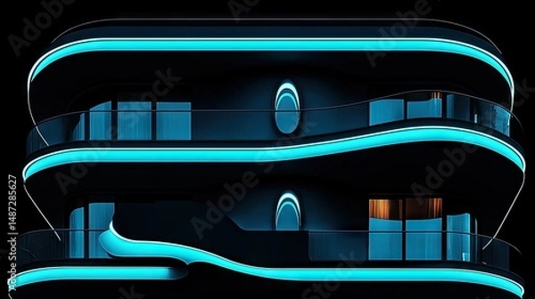 Fototapeta Modern building with vibrant neon lights and reflective glass balconies