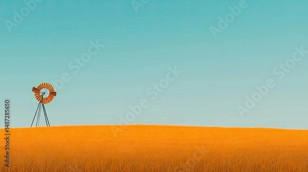 Fototapeta A singular rural windmill stands tall over the warm golden field