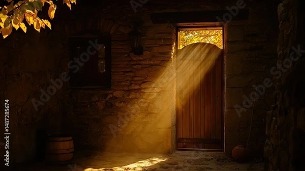 Fototapeta Sunlight streams through an open doorway into an aged stone building
