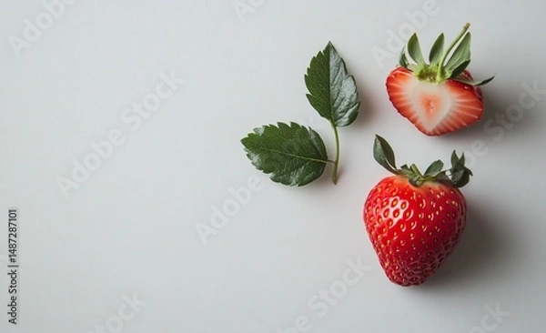 Fototapeta Strawberry with leaves and a half strawberry isolated on a white background, close-up. -generative ai