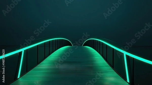 Fototapeta An illuminated architectural bridge with glowing teal neon lights