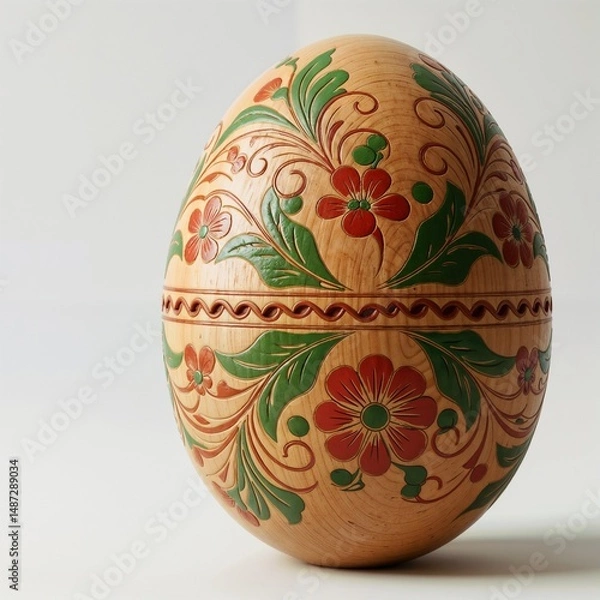 Fototapeta Colorful painted wooden egg with floral patterns on white background  