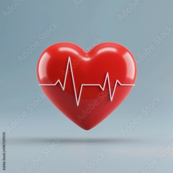 Fototapeta Red heart icon with heartbeat line on blue background  