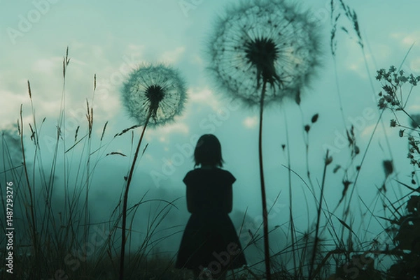 Fototapeta A person in a black dress observes dandelions in a misty field, creating a magical scene. Generative AI