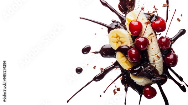 Obraz Delicious chocolate explosion with bananas and cherries studio setting food photography whimsical style