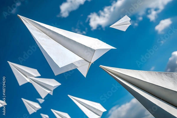 Fototapeta Multiple white paper airplanes soaring through bright blue sky, freedom and aspiration concept, creativity and imagination in flight, upward movement and success symbolism