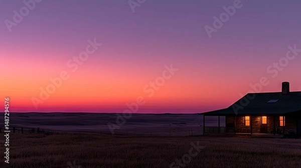 Fototapeta A lone house silhouetted against a colorful and vibrant sunset sky