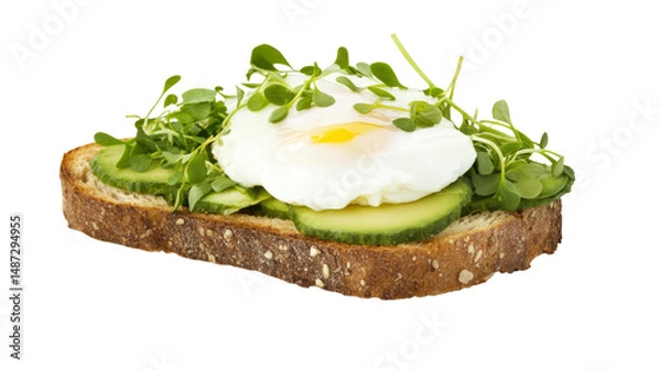 Obraz Poached egg and cucumber toast recipe kitchen food photography bright environment close-up culinary delight