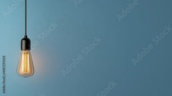 Fototapeta A single hanging light bulb against a blue background