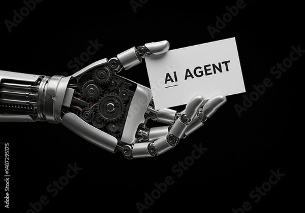 Fototapeta Robotic hand holding ai agent card on black background for artificial intelligence concepts