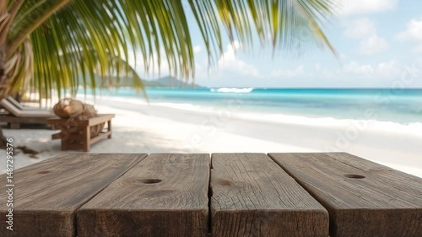 Fototapeta A rustic wooden table sits in front of a stunning tropical beach scene with calm ocean waves and palm trees.