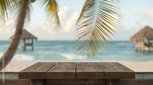 Fototapeta A rustic wooden table sits in front of a tranquil beach scene with palm trees and calm ocean waves at sunset.