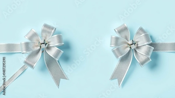 Fototapeta Elegant silver ribbon bows with tiny bells adorn a light blue background perfect for festive gift wrapping designs.