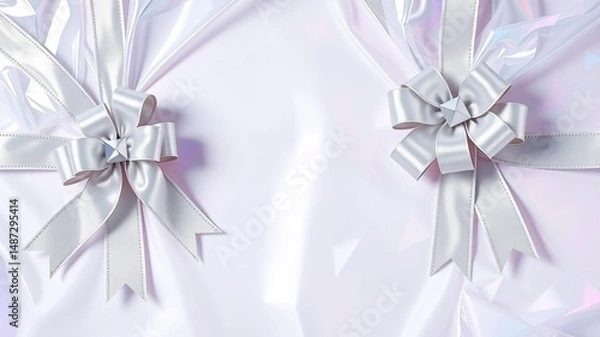 Fototapeta Elegant silver ribbon bows adorn a beautifully wrapped gift package showcasing iridescent wrapping paper perfect for luxurious gift presentation.