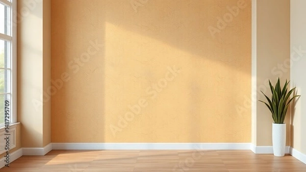 Fototapeta A bright empty room with an orange wall features sunlight streaming through a window and a plant in a white pot on the floor.