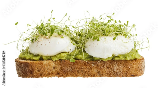 Obraz Delicious poached eggs on avocado toast kitchen food photography bright close-up culinary art