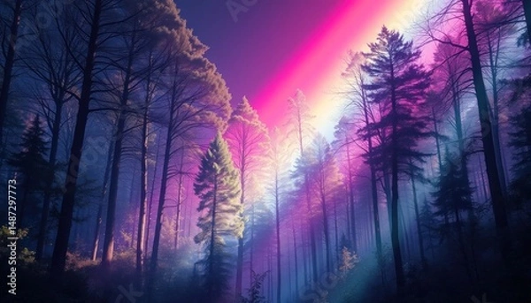Obraz Surreal forest landscape with colorful light ray, dreamy woodland