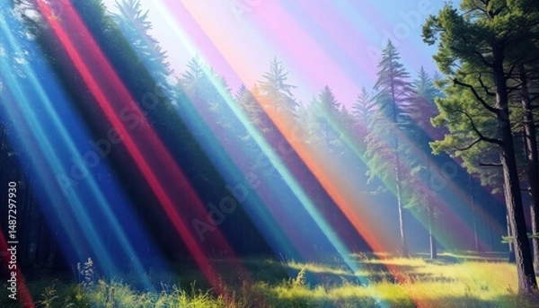 Obraz Mystic forest with radiant color streams, ethereal nature wallpaper.