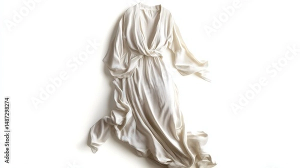 Fototapeta Elegant off-white dress with long flowing sleeves, photographed against white background