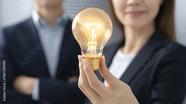 Fototapeta A photo of two hands gently holding an illuminated light bulb against a dark background, symbolizing innovation, creativity, energy, and the power of new ideas in a conceptual and inspiring way.
