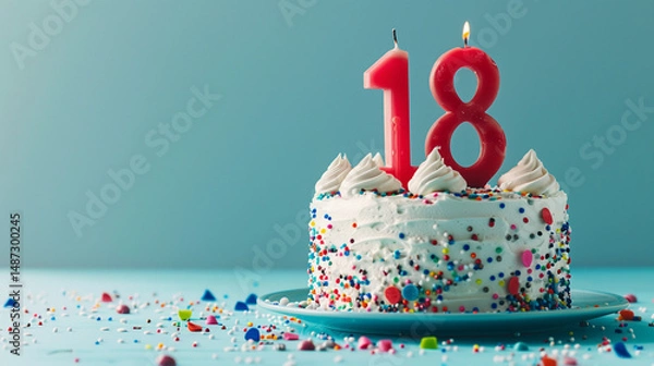 Fototapeta Coming of age party - 18th birthday. Delicious cake with number shaped candles on light blue background, Birthday Cake With Candle Number "18"