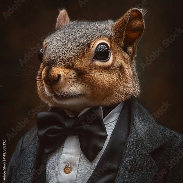 Fototapeta Dapper Squirrel: A Portrait of Elegance, Featuring a Sophisticated Rodent in a Classy Suit with Bowtie, Exhibiting Refined Style and Charm in a Dark Studio Setting.