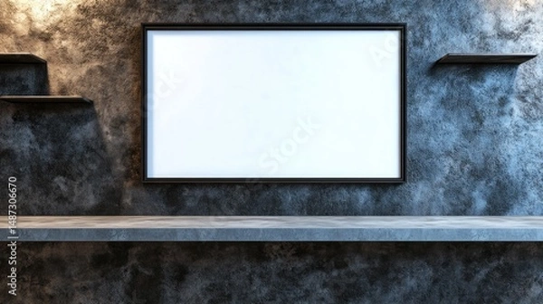 Fototapeta Empty framed picture on a dark shelf against a textured wall.