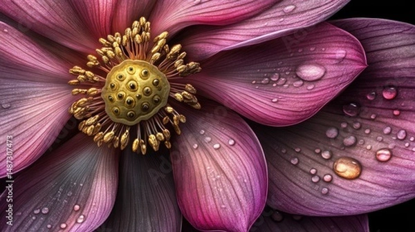 Fototapeta Detailed close-up of a vibrant, dewy lotus flower.