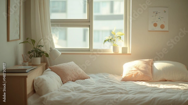 Fototapeta A minimalist bedroom with sunlight streaming through the window, featuring a neatly made bed with pastel pillows and a small plant, creating a cozy and tranquil atmosphere.