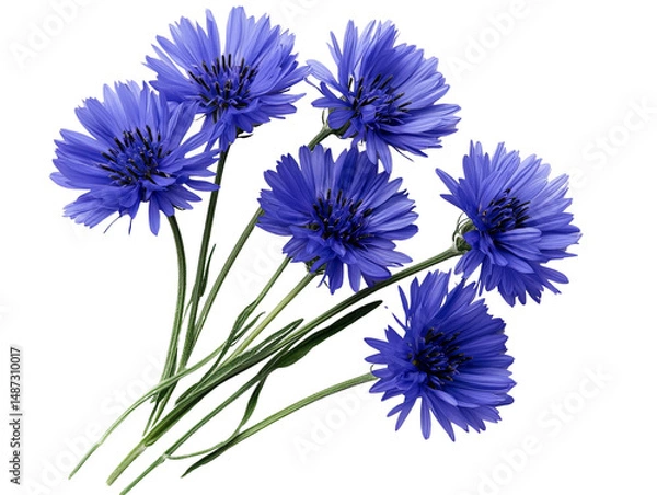Fototapeta A cluster of blue cornflowers with delicate petals, isolated on transparent background, PNG file