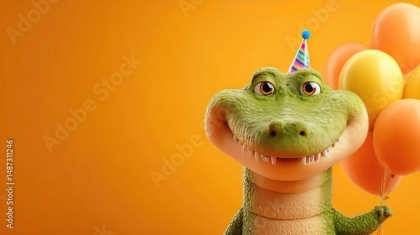 Fototapeta Cartoon crocodile with party hat and balloons against a bright background.