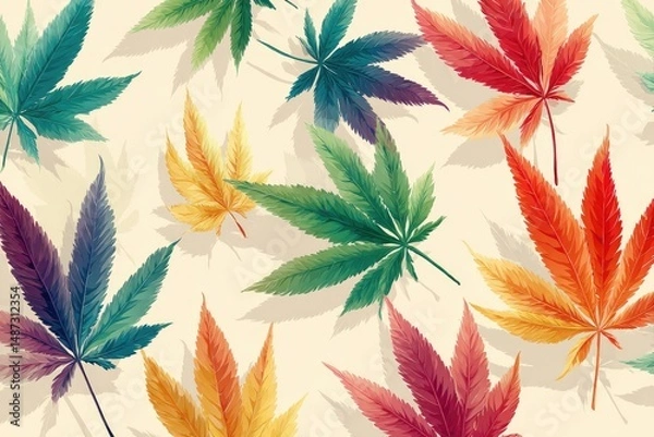 Fototapeta Colorful foliage pattern of various leaf types.