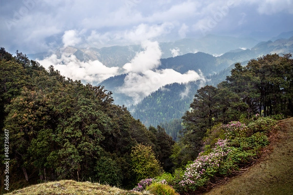 Obraz Mountain landscape with blue sky and clouds. Himalayan Mountain landscapes are a favourite for hikers and nature enthusiasts alike, such as the Shoja Jalori Pass Raghupur Fort, Himachal Pradesh, India