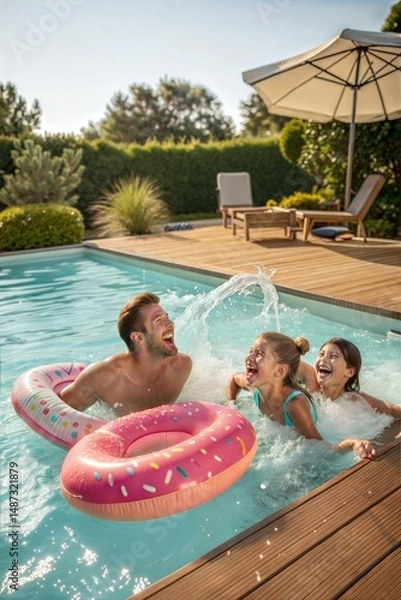 Fototapeta A happy family enjoying a swimming pool, with inflatable donuts for extra fun.