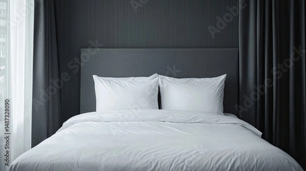 Fototapeta Modern bed with grey headboard and white sheet