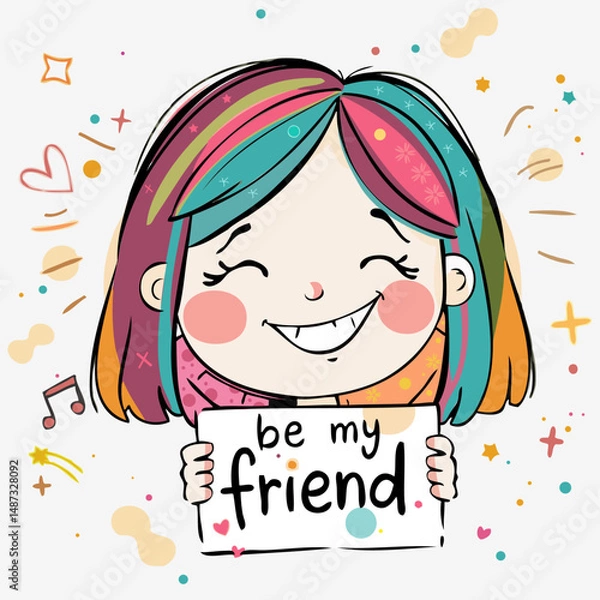 Fototapeta Smiling child with colorful hair holds a "be my friend" sign.
