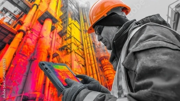 Fototapeta Thermal Imaging Inspection by Construction Worker Using Tablet