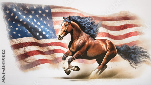 Fototapeta Generated Image retro poster showing galloping horse with American flag behind, grungy