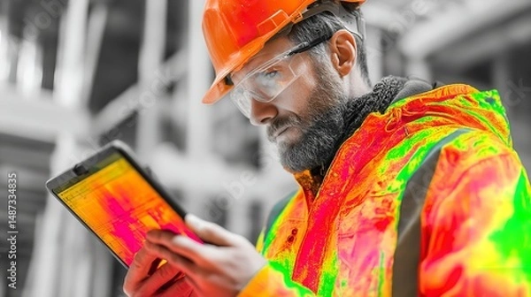 Fototapeta Thermal Imaging Inspection by Construction Worker Using Tablet