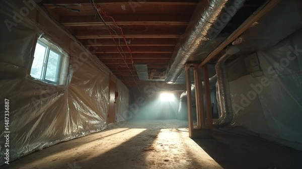 Fototapeta Unfinished Basement Interior with Wooden Floor and Insulated Ceiling