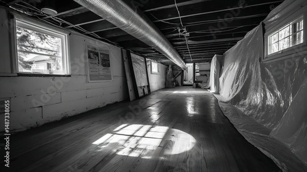 Fototapeta Unfinished Basement Interior with Wooden Floor and Insulated Ceiling