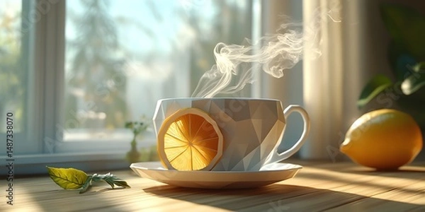 Fototapeta Warm drink with citrus slice by window.