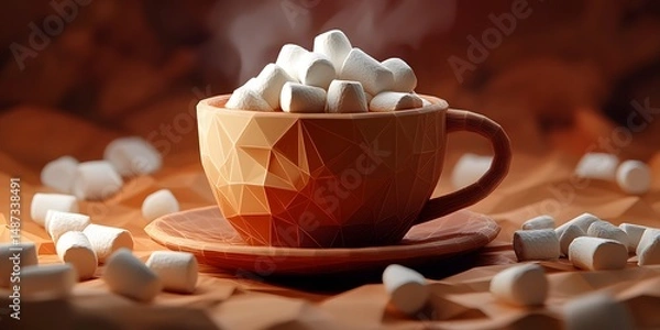 Fototapeta Polygonal mug filled with marshmallows, steaming hot drink.
