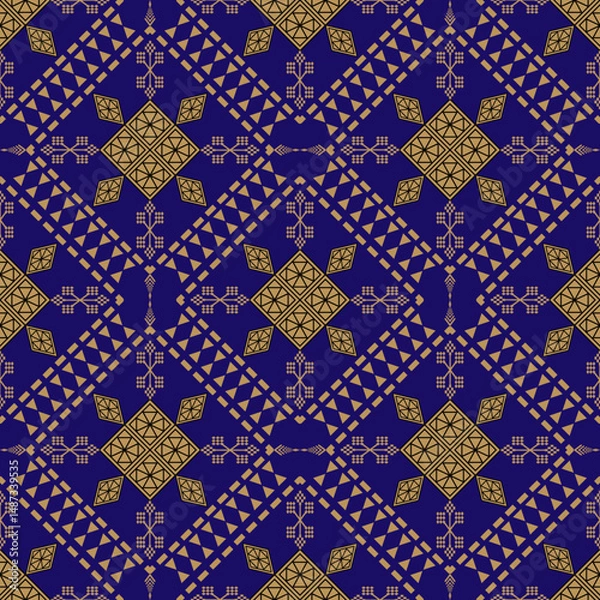 Obraz Geometric ethnic pattern vector design featuring bold symmetrical shapes and traditional tribal motifs. Inspired by indigenous art from various cultures, this seamless design combines modern aesthetic